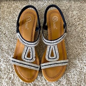 Black and Silver Embellished Sandals with Slingback Design. Sparkle Size 10